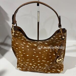 Rare MICHAEL KORS Brown Leather Calf Hair Animal Print Gold Charm Shoulder Bag